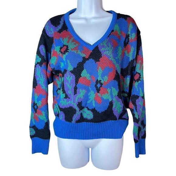 Vintage 80s Aileen Flower Print Knit Sweater Size Medium - Picture 1 of 7